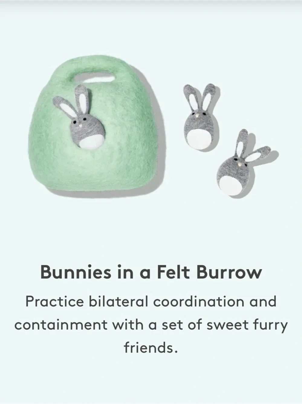 Lovevery bunnies in a felt burrow babbler play kit